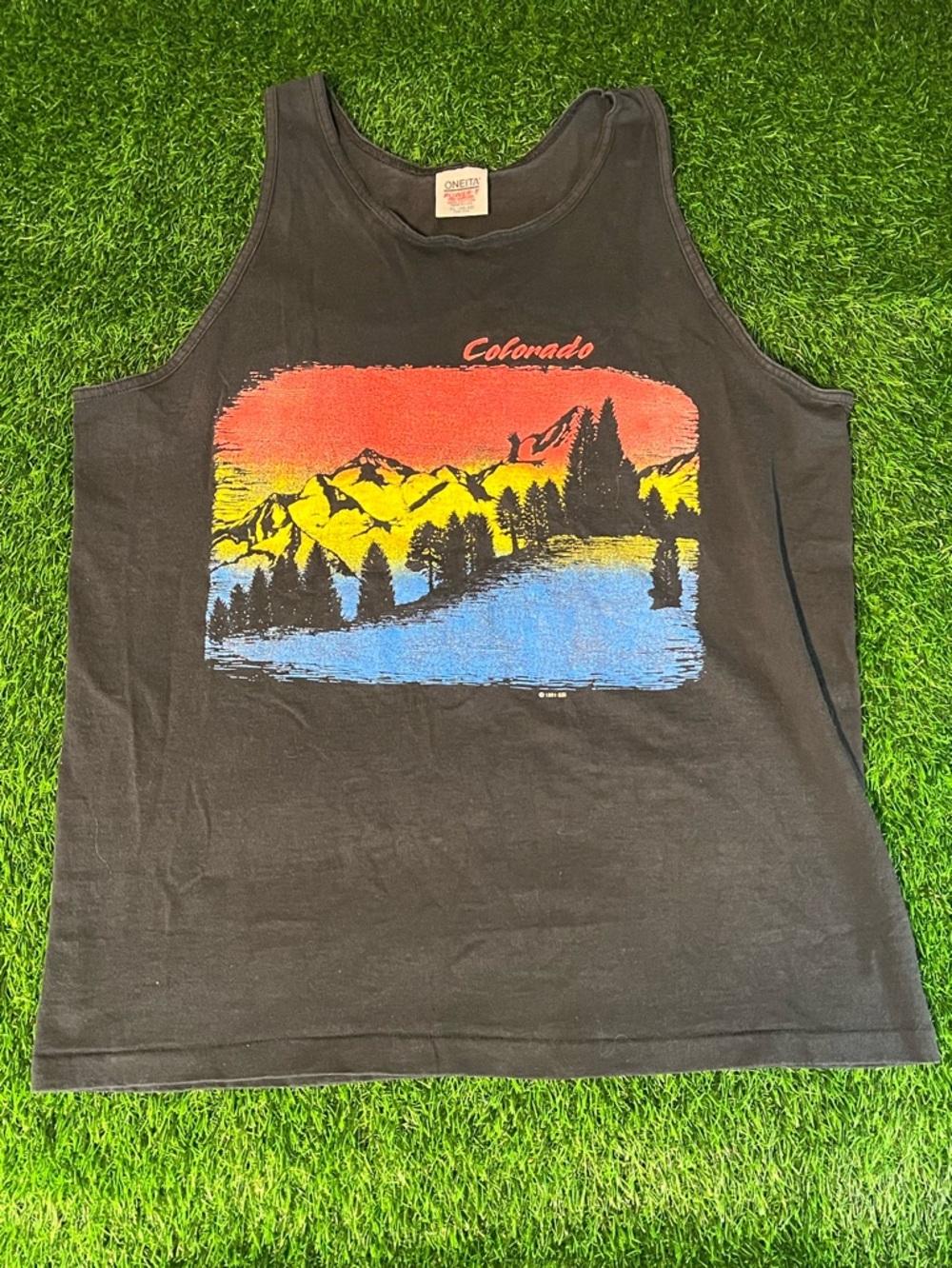 Vintage 90s 1991 Oneita Power-T Colorado Black Tank Top Mens Size XL (46-48)